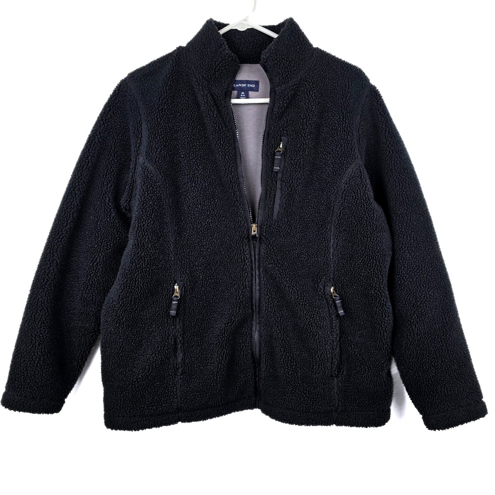 Lands End Womens Black Sherpa Fleece Full Zip Jacket Size M 10-12 Pockets